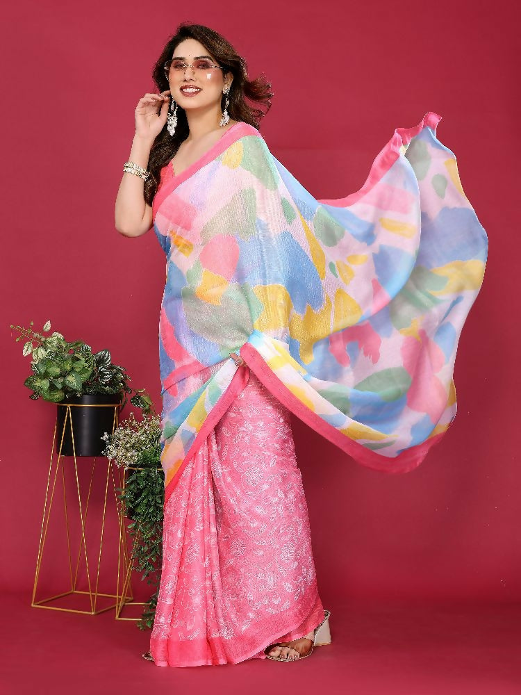 PR Fashion Pink Moss Chiffon Printed Saree