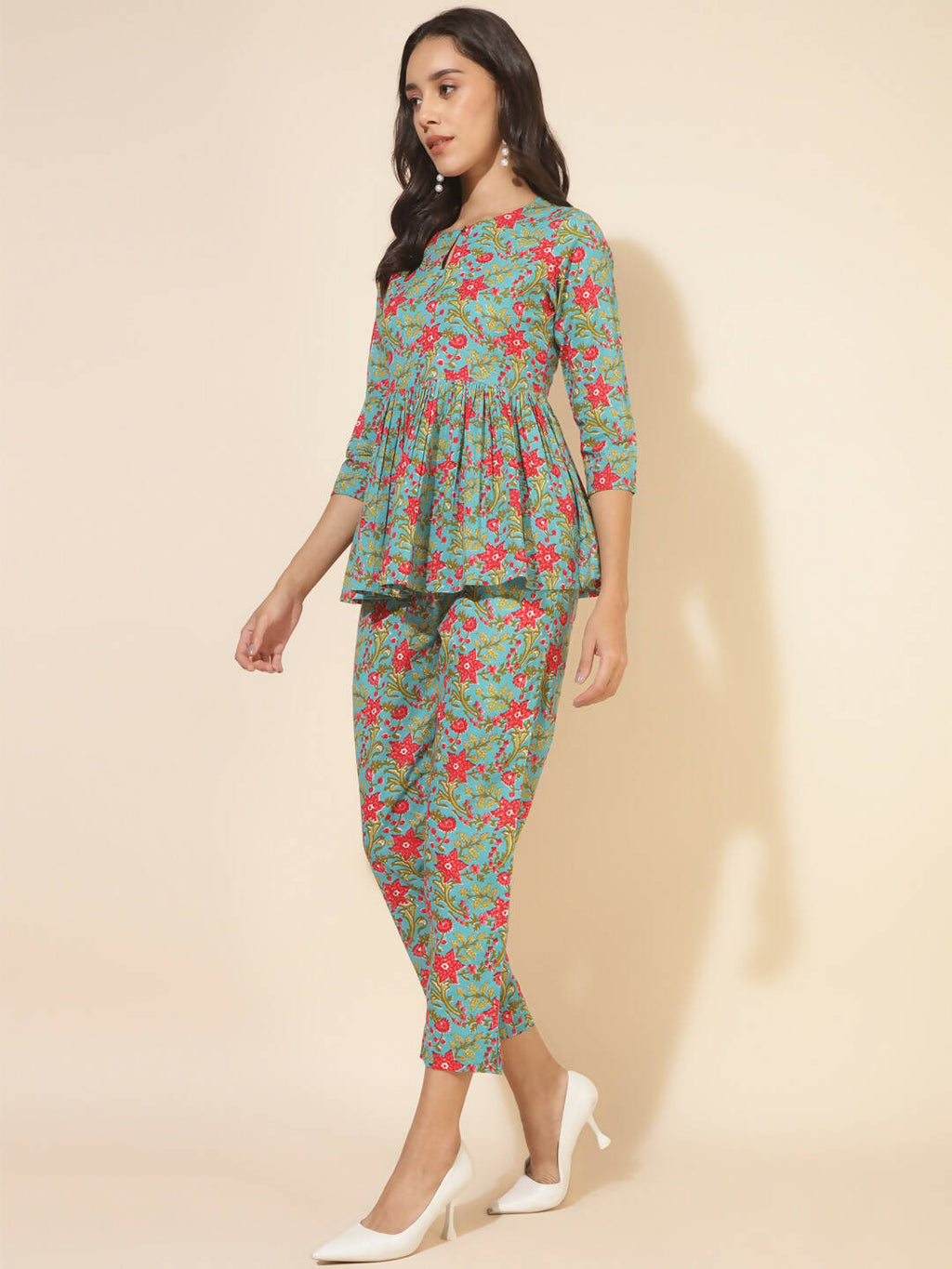 Janasya Women's Blue Cotton Printed Casual Peplum Co-ords