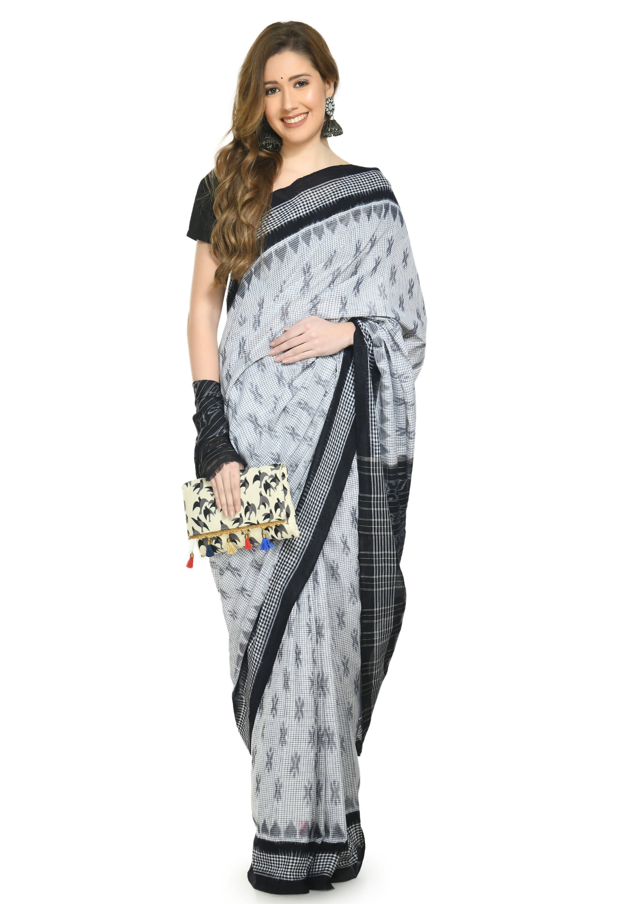Vamika Sambalpuri Ikat Cotton Dehabandha White & Black Checks Saree