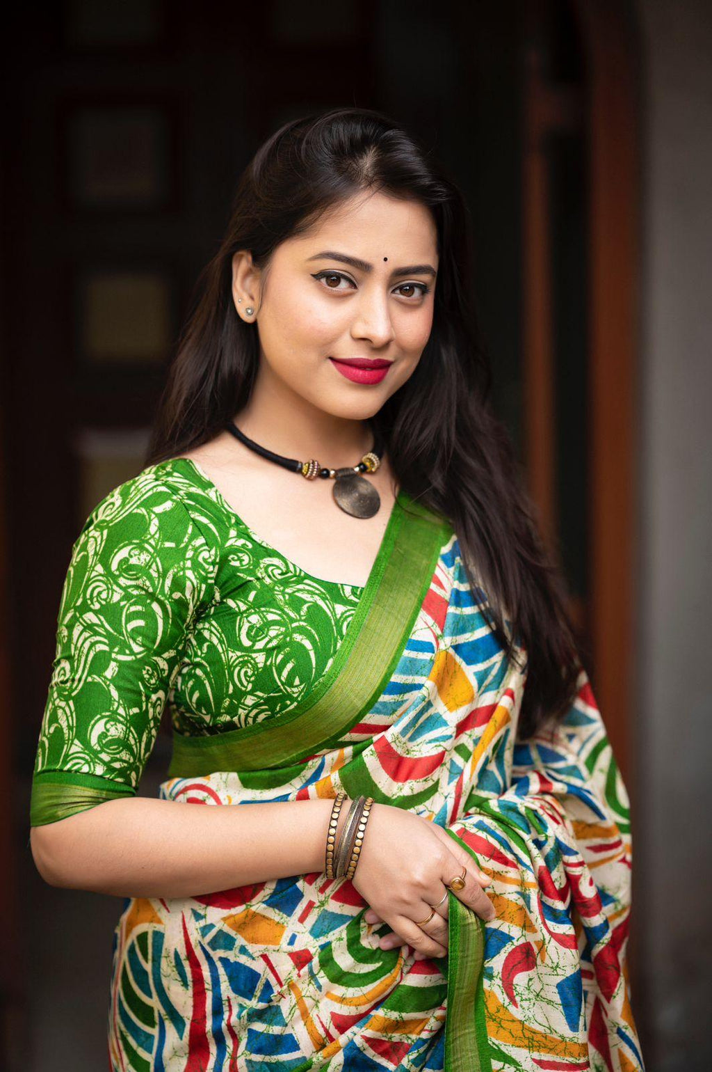Green Cotton Crepe Batik Print Saree with Unstitched Blouse - Hiral Fashion