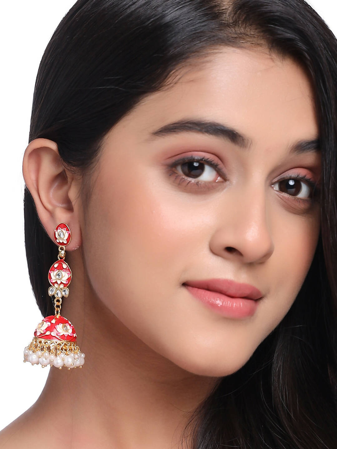 NVR Women Gold-Polished Red Kundan Jhumkas Earrings