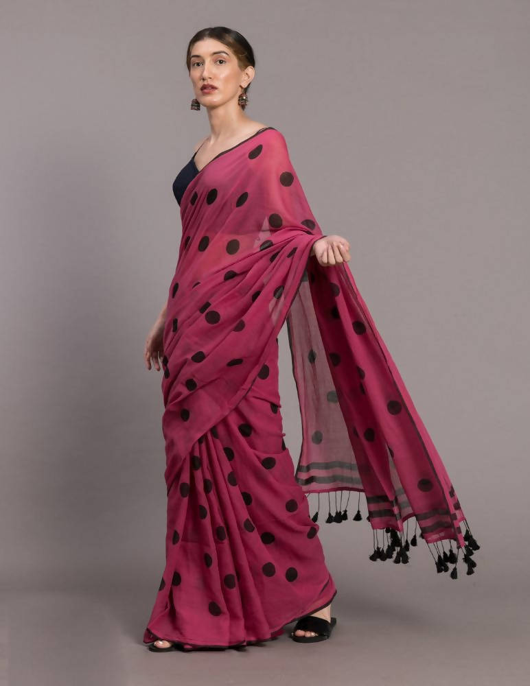 Suta Pink Black Polka Printed Pure Cotton Saree