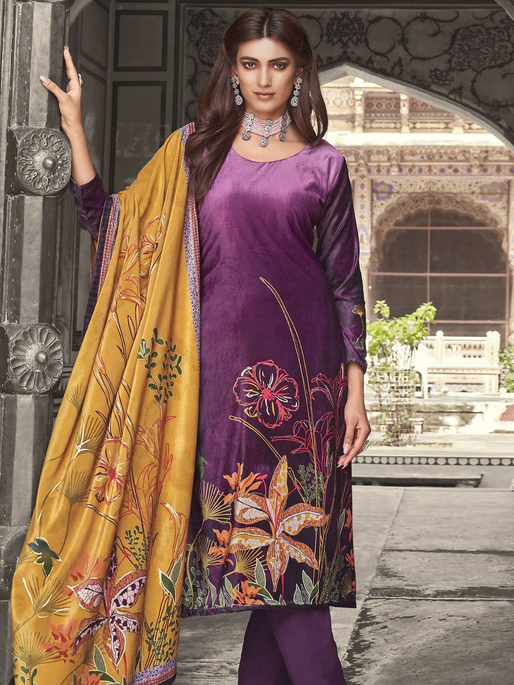 Jyoti Fashion Women's Purple Velvet Floral Digital Printed Kurta with Trouser & Dupatta