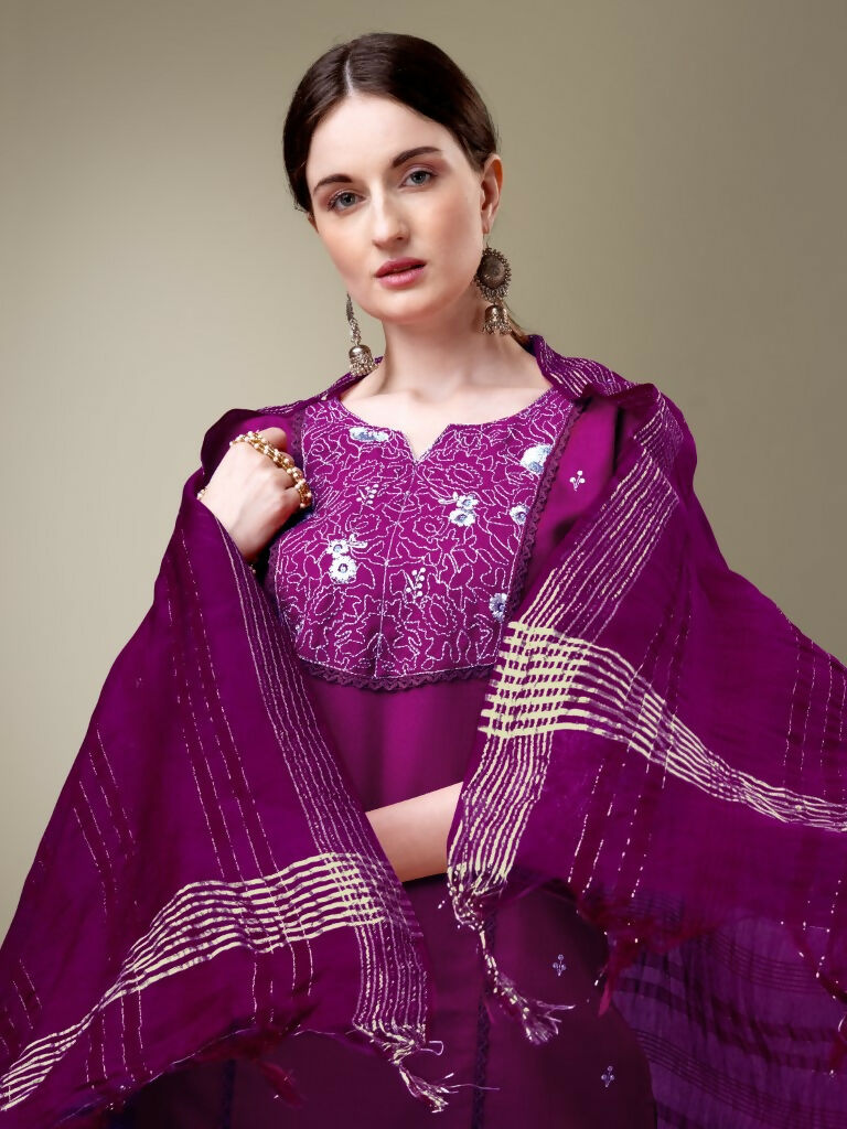 Jyoti Fashion Women's Purple Cotton Blend Embroidery & Fancy Lace work Kurta with Trouser & Dupatta