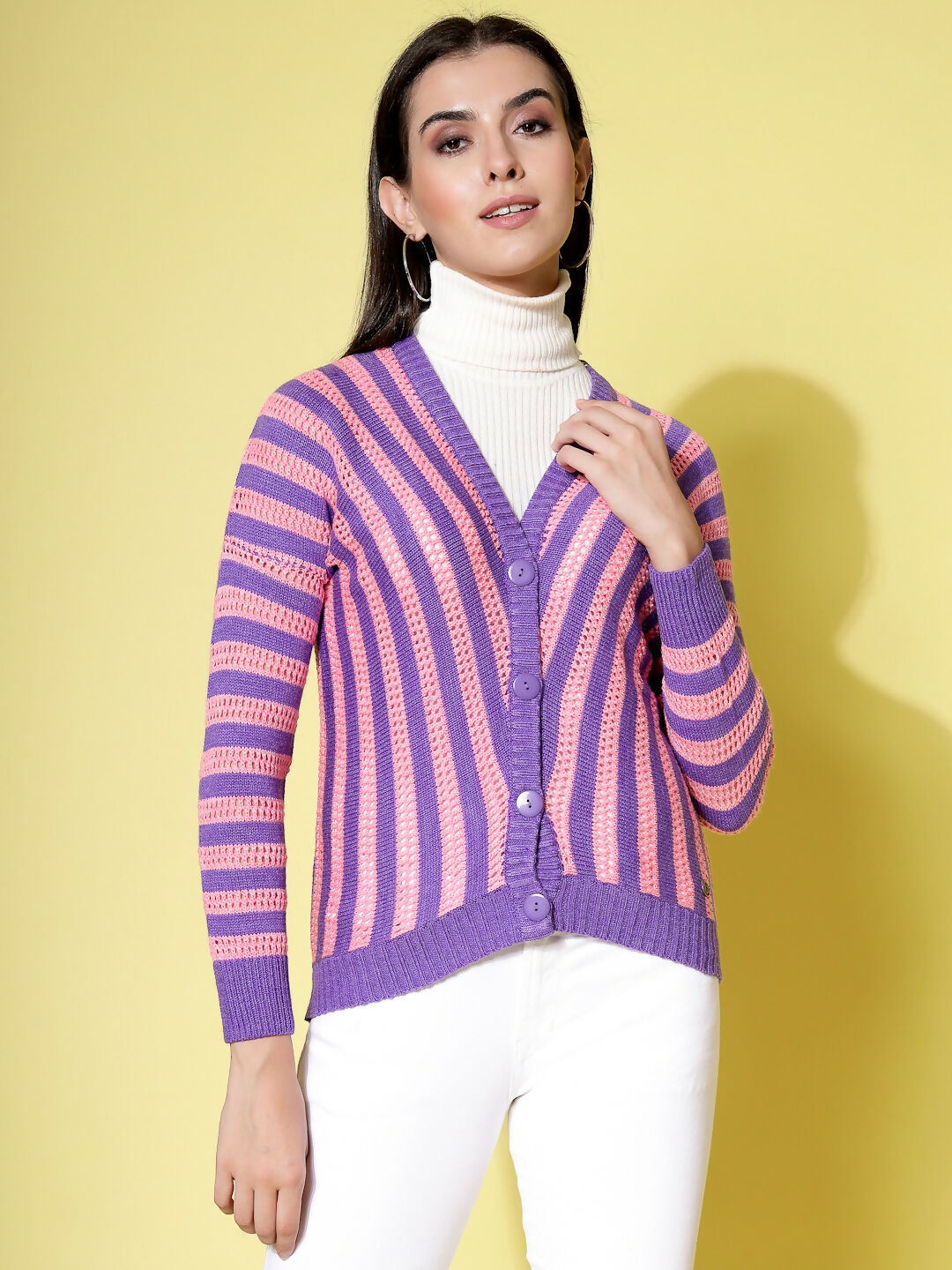 Women Violet Acrylic Stripe Cardigan - Wool Trees