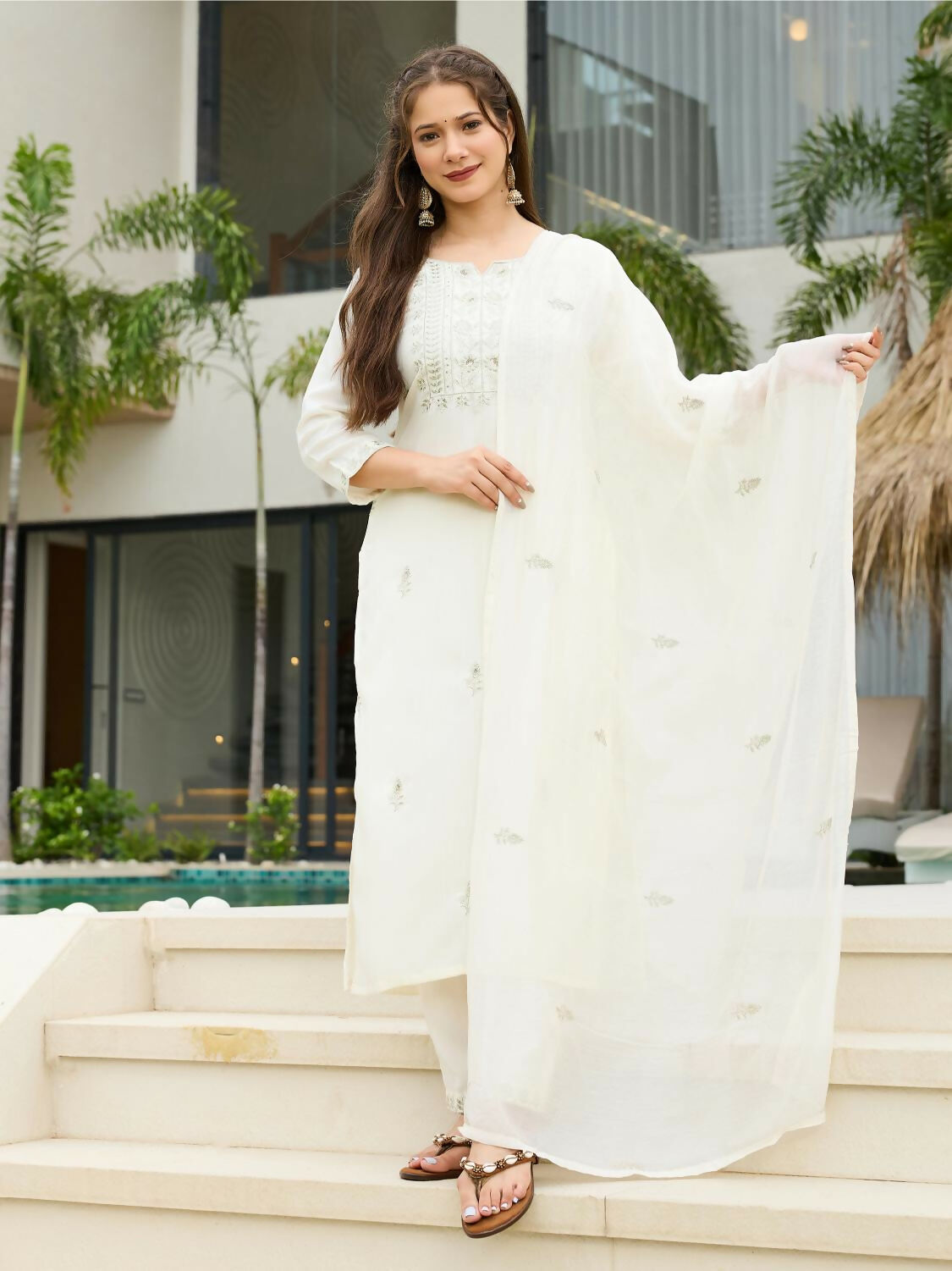 The52 White Women's Beautiful Rayon Slub Fabric Embroidered Work Straight Kurta, Pant and Dupatta Set
