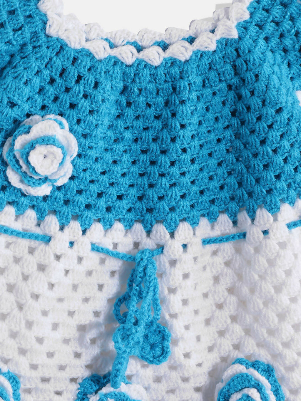 Chutput Kids Woollen Hand Knitted Full Sleeves Rose Work Dress For Baby Girls - White