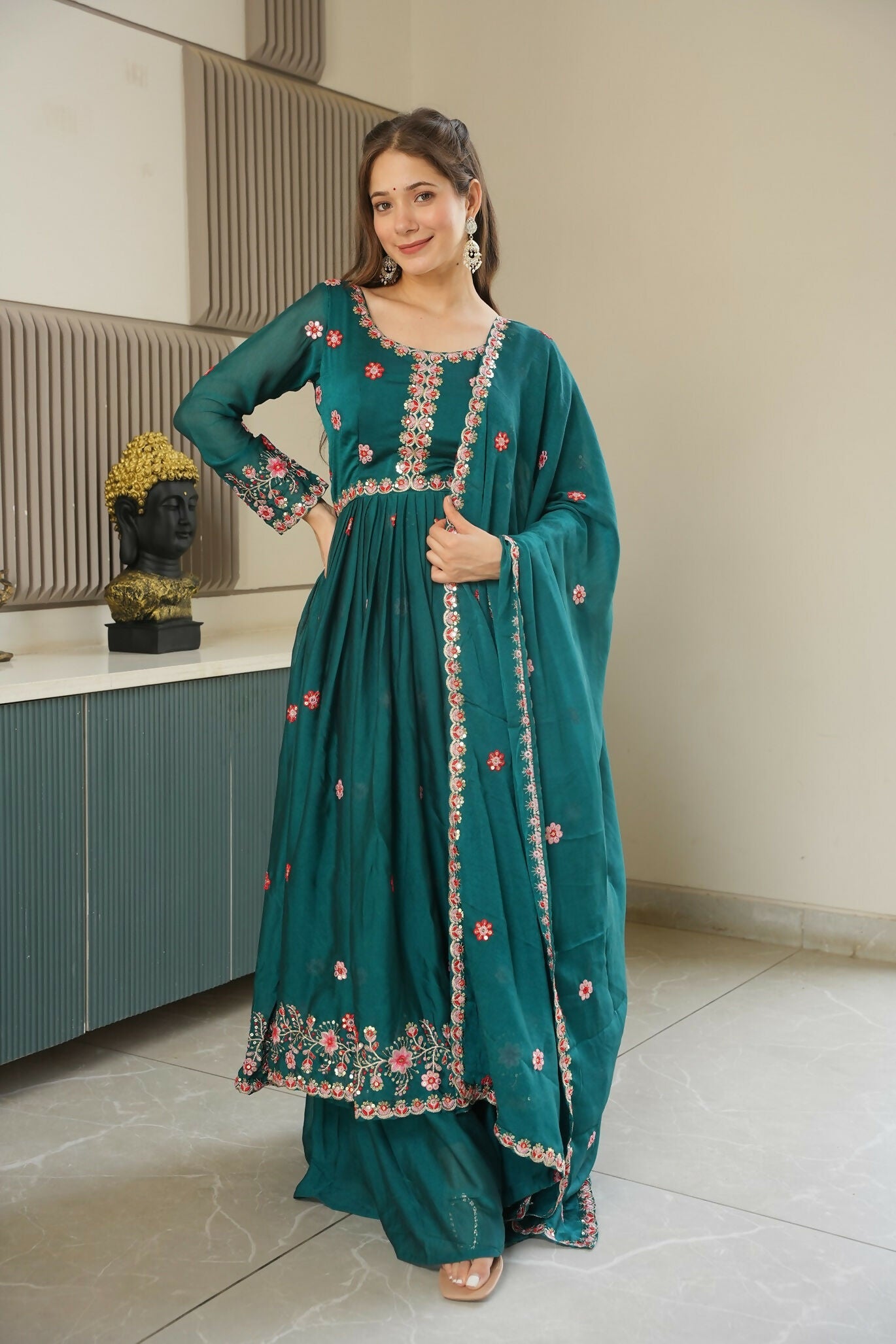 Teeya Creation Rama Color Heavy Crush Silk Wedding Wear Embroidery Work Long Gown