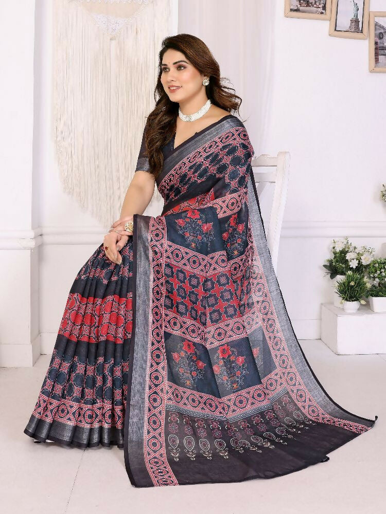 PR Fashion Wine Handloom Linen Cotton Zari Saree