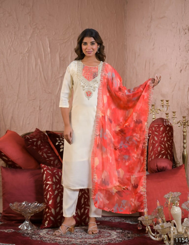 Ethnic Festive Wear Chanderi Silk Cream Stitched Suit With Dupatta - Tanisha