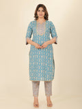 Aramya Straight Soft Cotton Floral Print Women's Kurta Set - Green