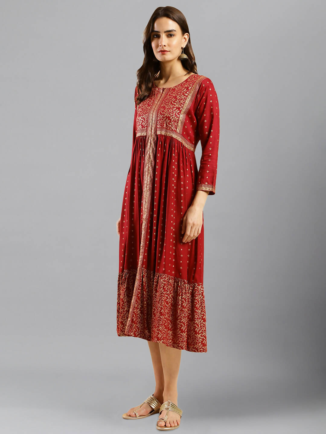 Maroon Viscose Rayon Ethnic Motifs Aline Dress - Poonam