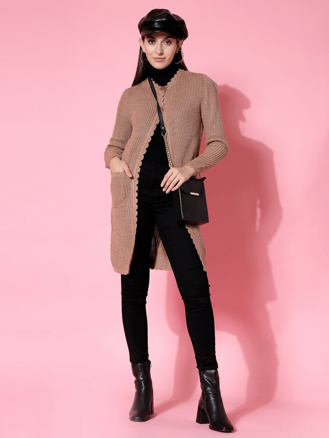Women Self Design Long Brown Acrylic Winter Shrug - Wool Trees