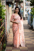 Pink Pure Linen Ethnic Motifs Saree with Unstitched Blouse - Hiral Fashion