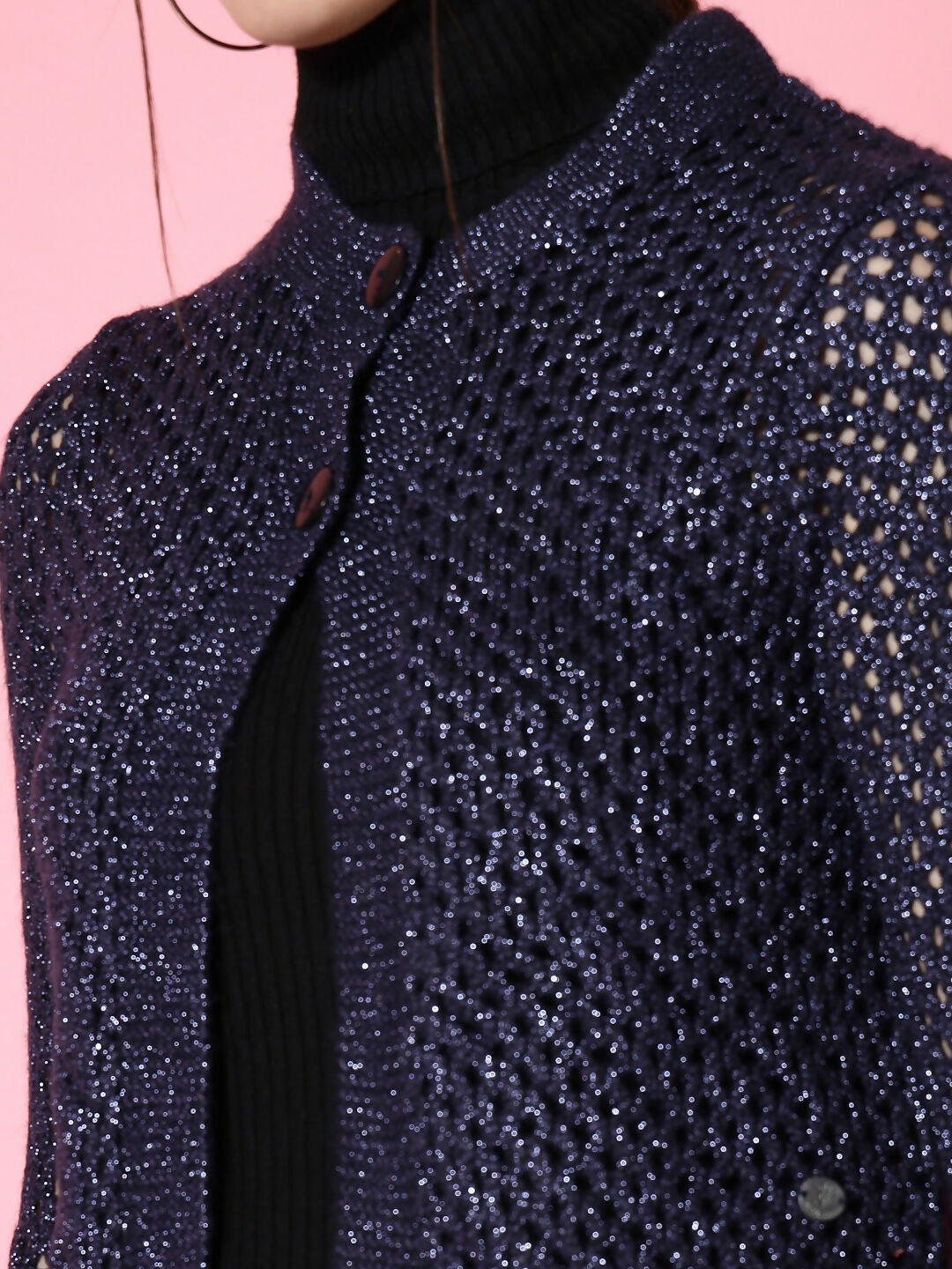 Women Self Design Navy Blue Acrylic Winter Shrug - Wool Trees