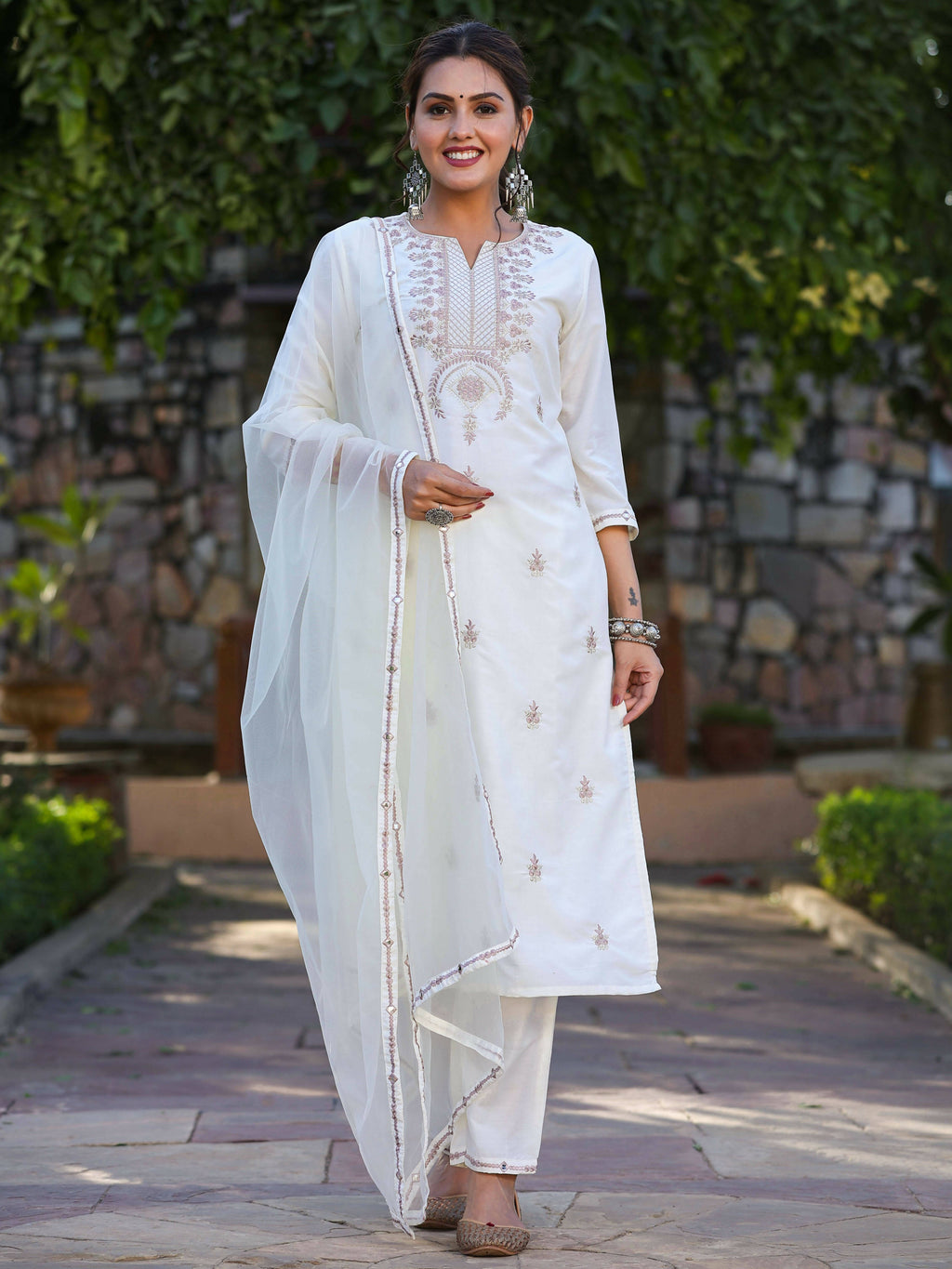Juniper Women's Off-White Chinnon Embroidered Kurta Pant Dupatta Set