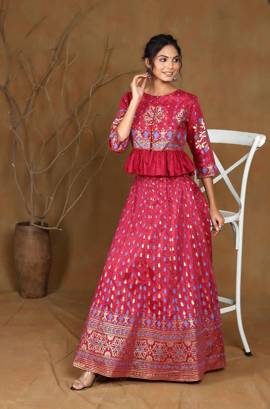 Juniper Women Burgundy Shantoon Printed Flared Lehenga Choli Sets