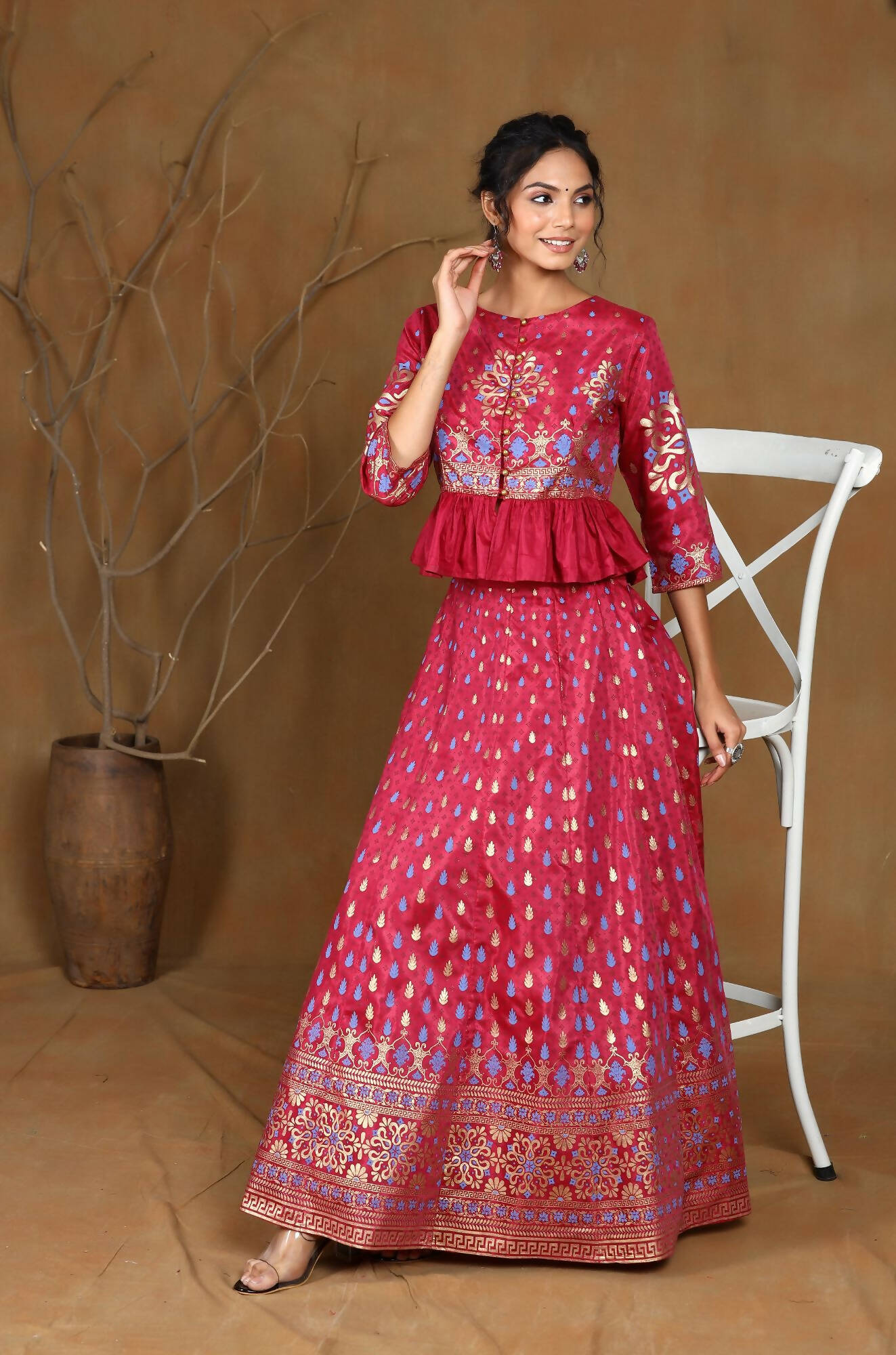 Juniper Women Burgundy Shantoon Printed Flared Lehenga Choli Sets
