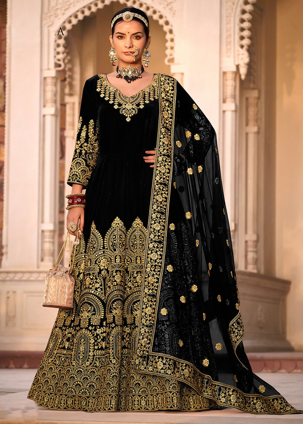 Black Velvet Front & Back Embroidery Wedding Anarkali Suit - Emponline