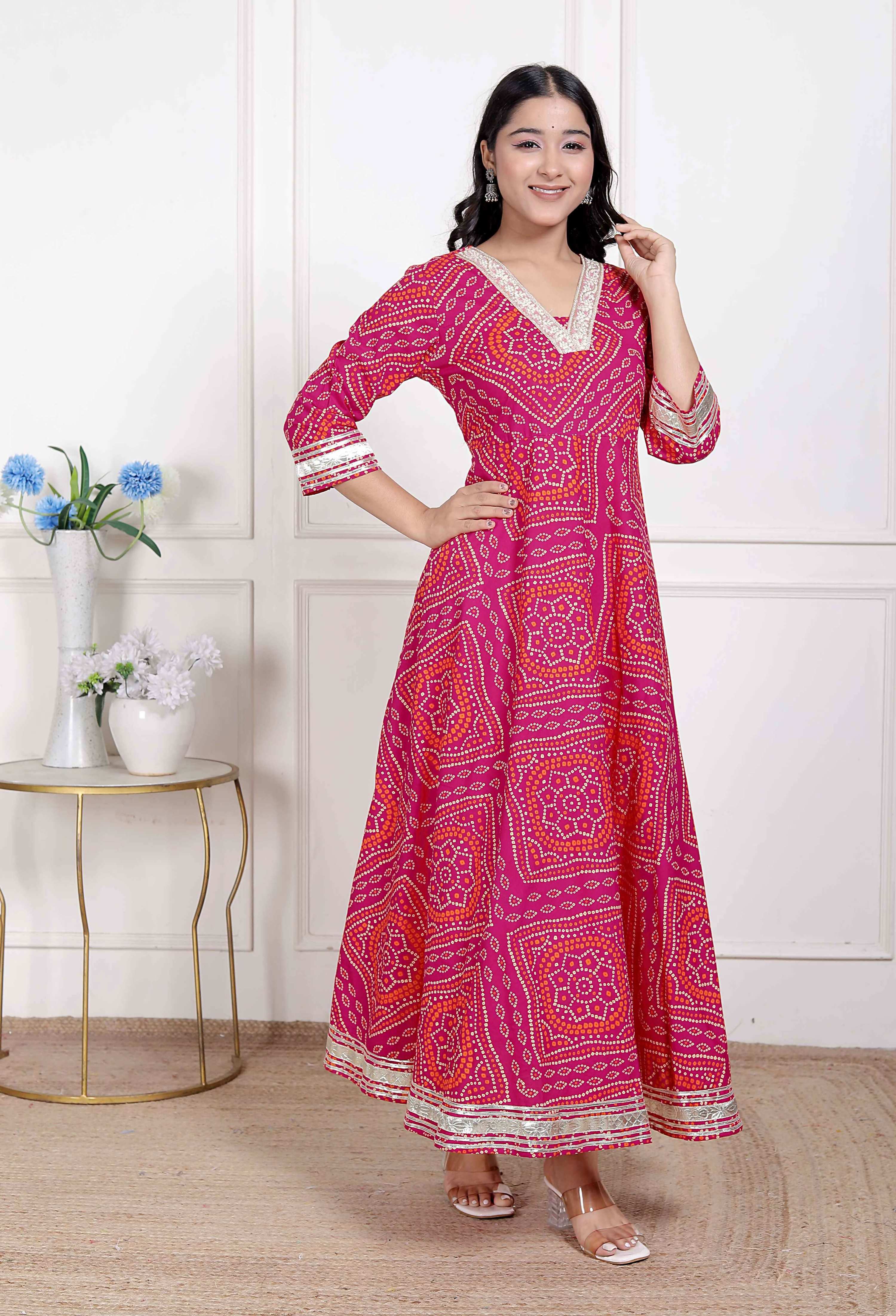 Miravan Women's Pink Cotton Bandhani Ethnic Anarkali Kurta