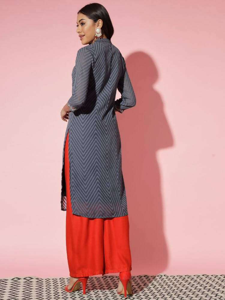 Myshka Women Grey Solid Georgette Straight V-Neck Kurtas