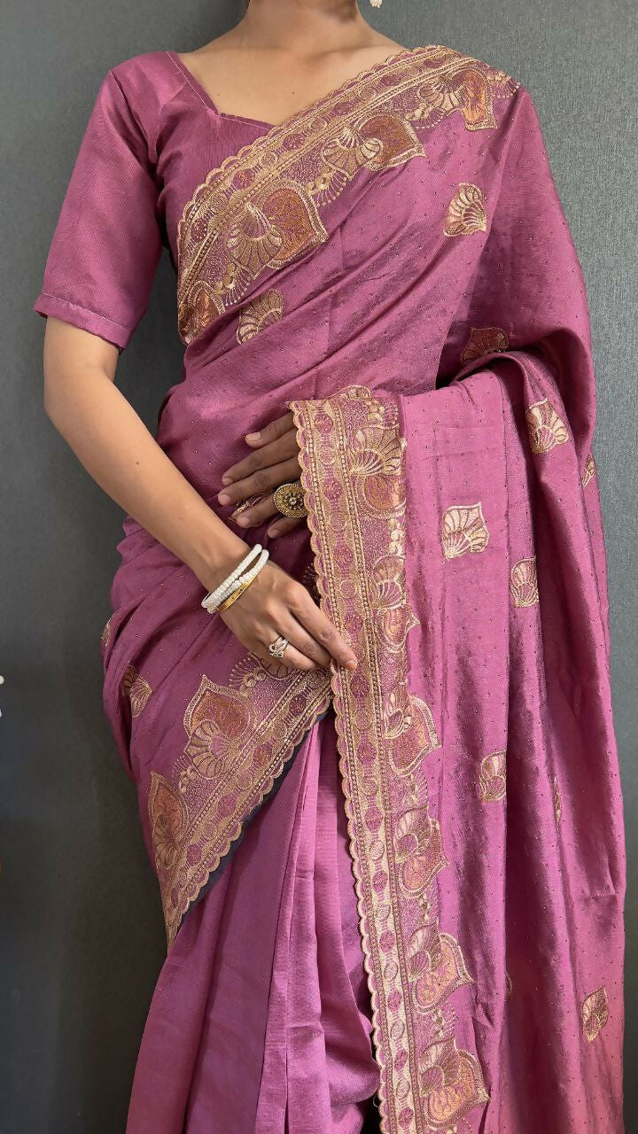 Vastranavya Mauve Vichitra Silk Zari with Swarovski Work Ready to Wear Saree