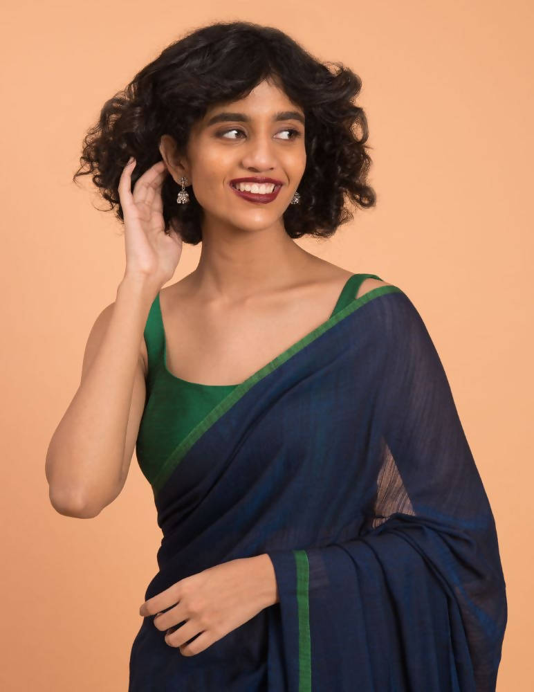 Suta Blue Green Solid Cotton Blend Saree
