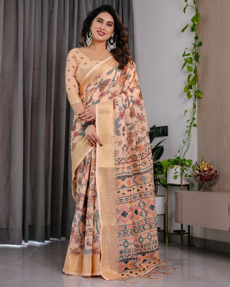 PR Fashion Cream Pure Handloom Linen Saree