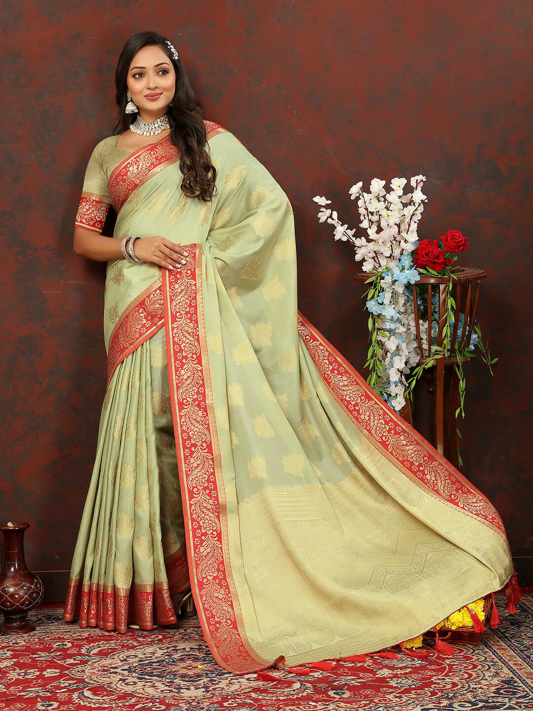 Lorenvalley Fashion Seagreen Cotton Woven Design with Zari Weaving Design Saree