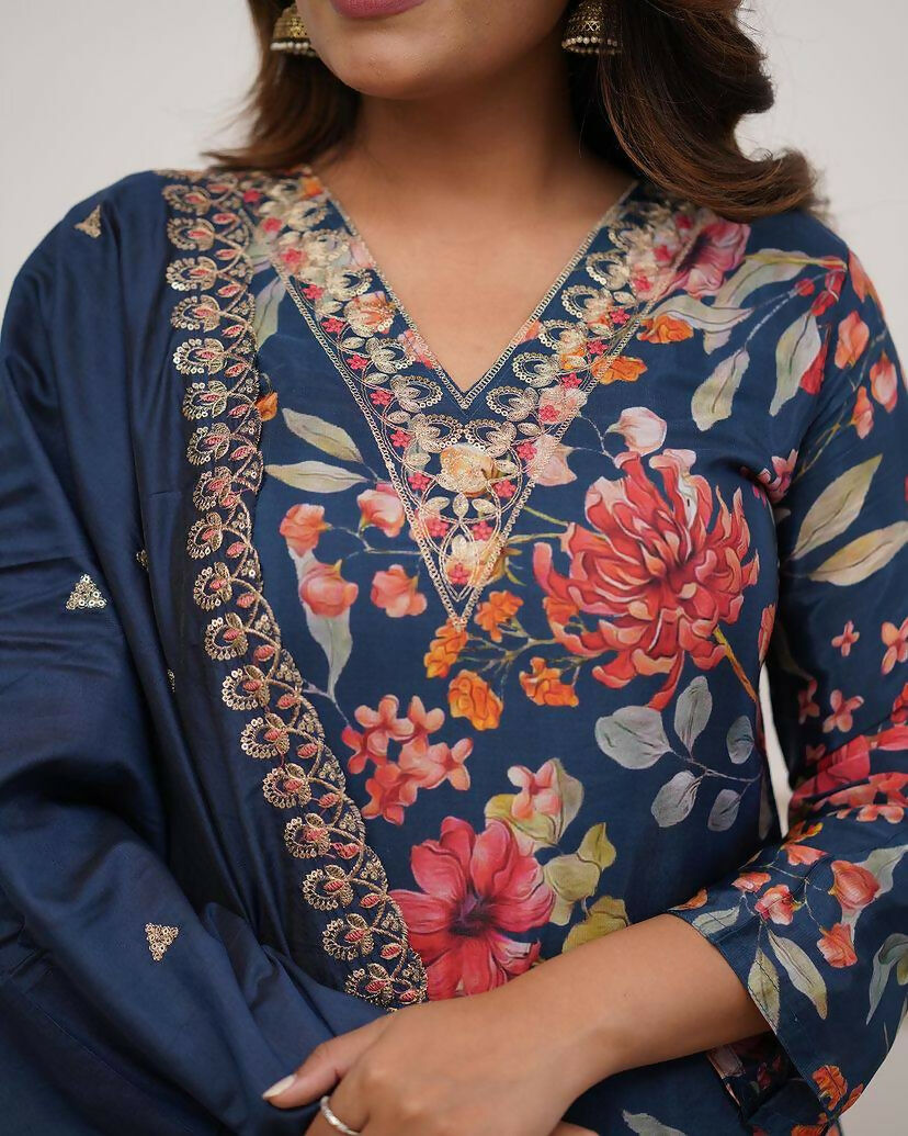 The52 Blue Women's Gorgeous Printed Pure Russian Silk Fabric Straight Kurta Pant with Dupatta Set