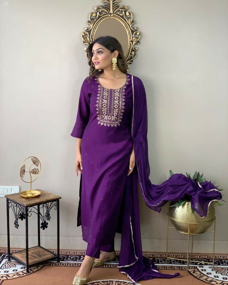 Partywear Designer Wine Rayon Slub Stitched Suit With Dupatta - Tanisha