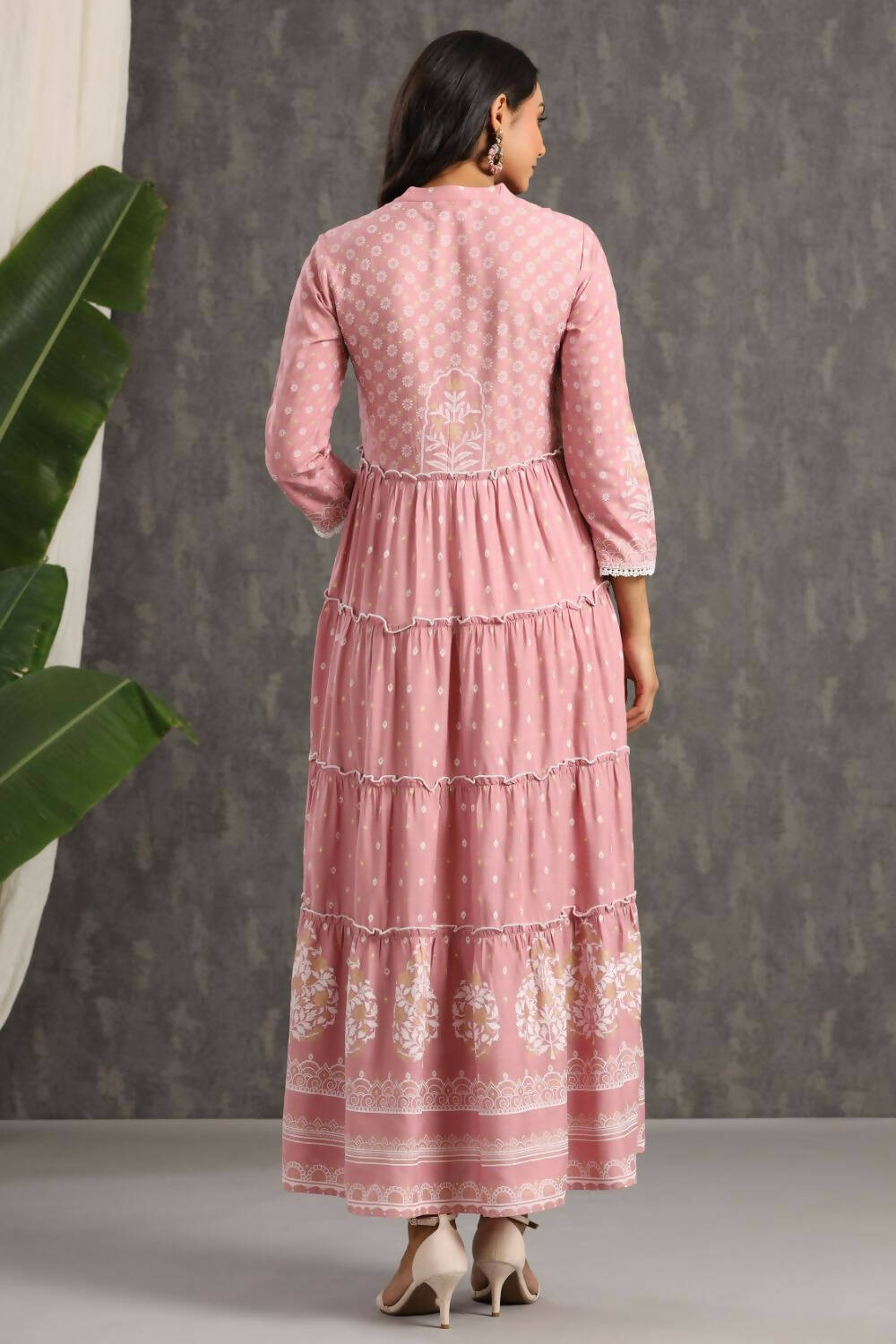 Juniper Womens Onion Pink Rayon Foil Printed Tiered Dress