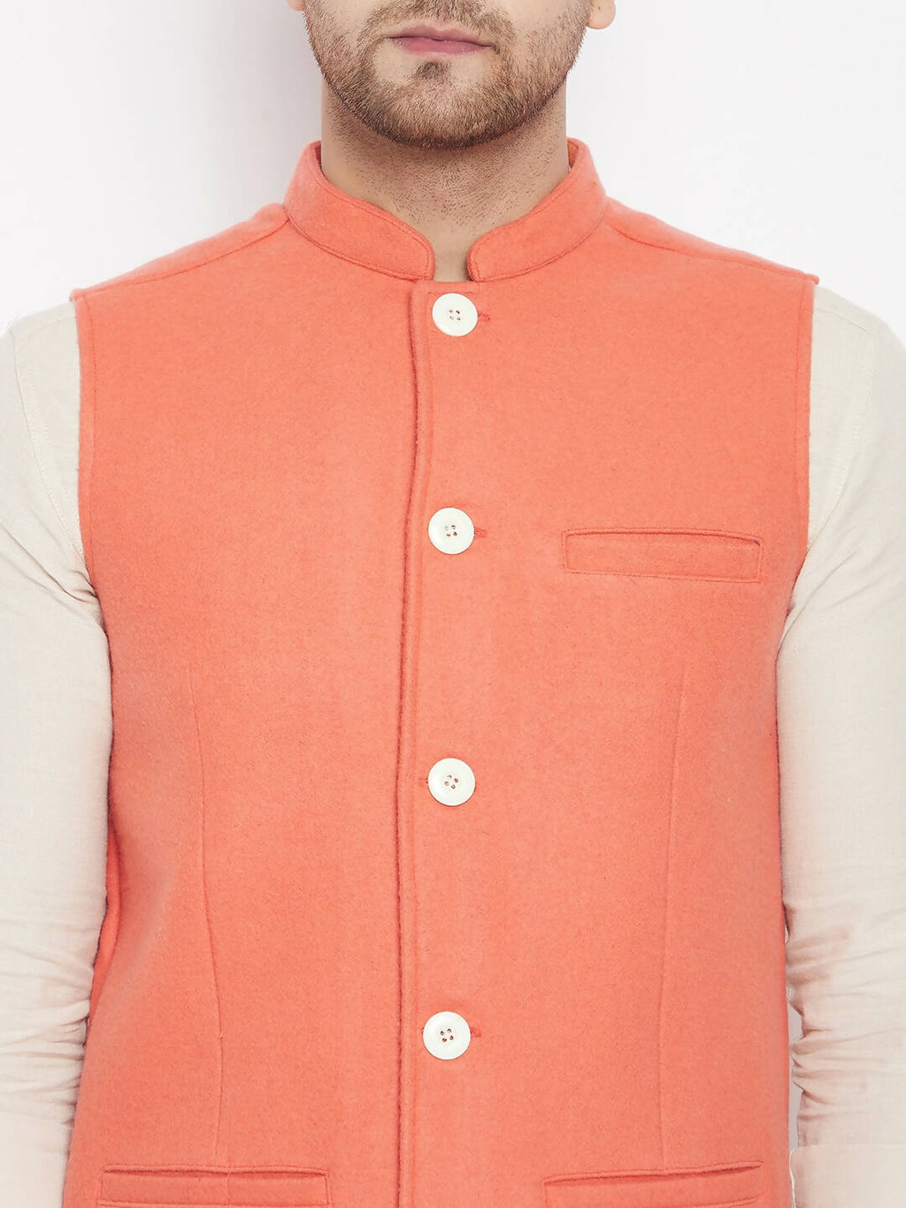 Even Apparels Orange Wool Men Woven Nehru Jacket