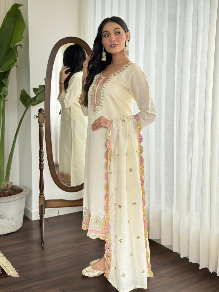 Cream Viscose chanderi Stitched Suit With Dupatta - Tanisha
