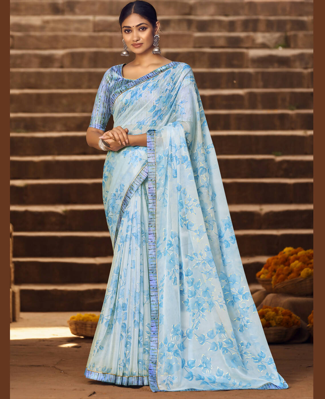 Sky Blue Silver Chiffon Printed Saree With Unstitched Blouse Piece - Jyoti
