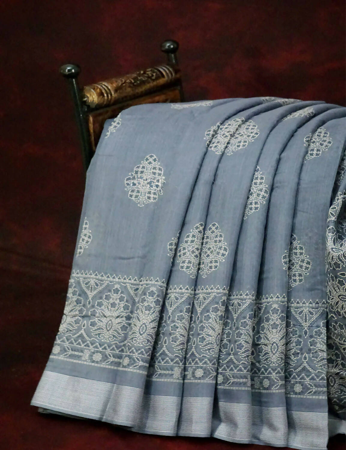 Powder Grey Coloured Block Print Semi Chanderi Saree By Gayathri Reddy Designer Studio