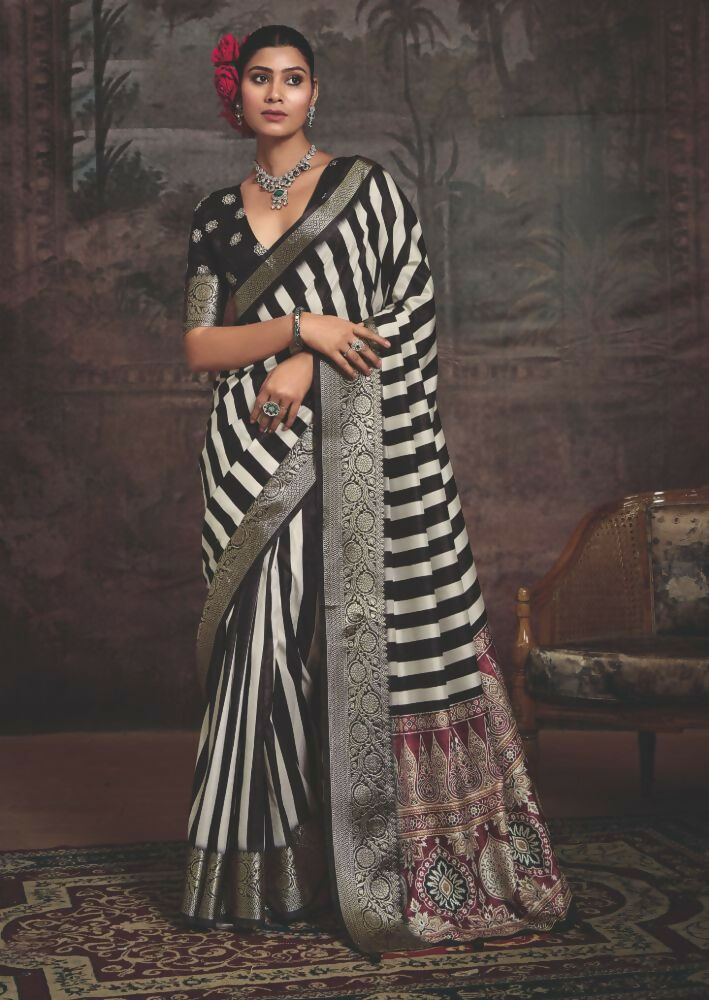 Joban Fashion Black Dola Tussar Silk Self Jacquard Border Saree