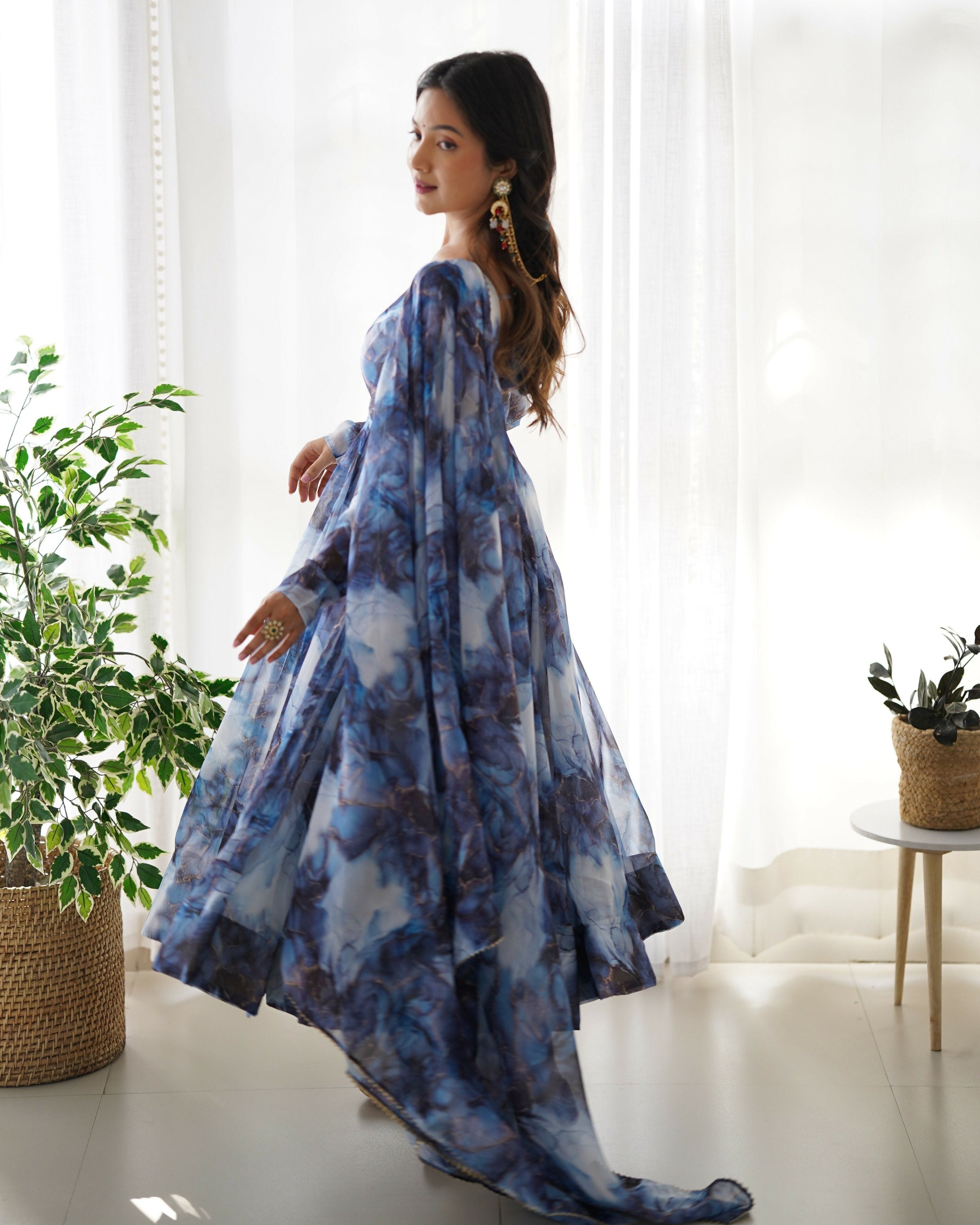 Joban Fashion Navy Blue Kurta Set Organza Sequin Embroidery Work