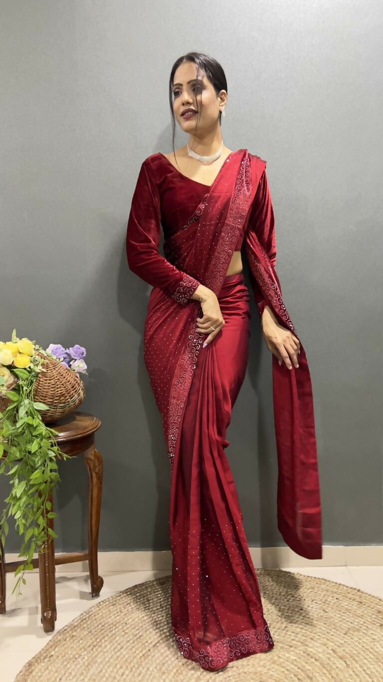 Vastranavya Maroon Rangoli Silk Swarovski work Ready to Wear Saree