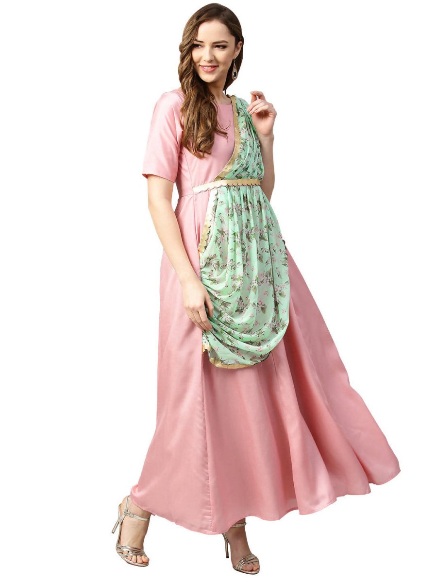 Ahalyaa Pink & Green Solid Maxi Dress with Attached Dupatta