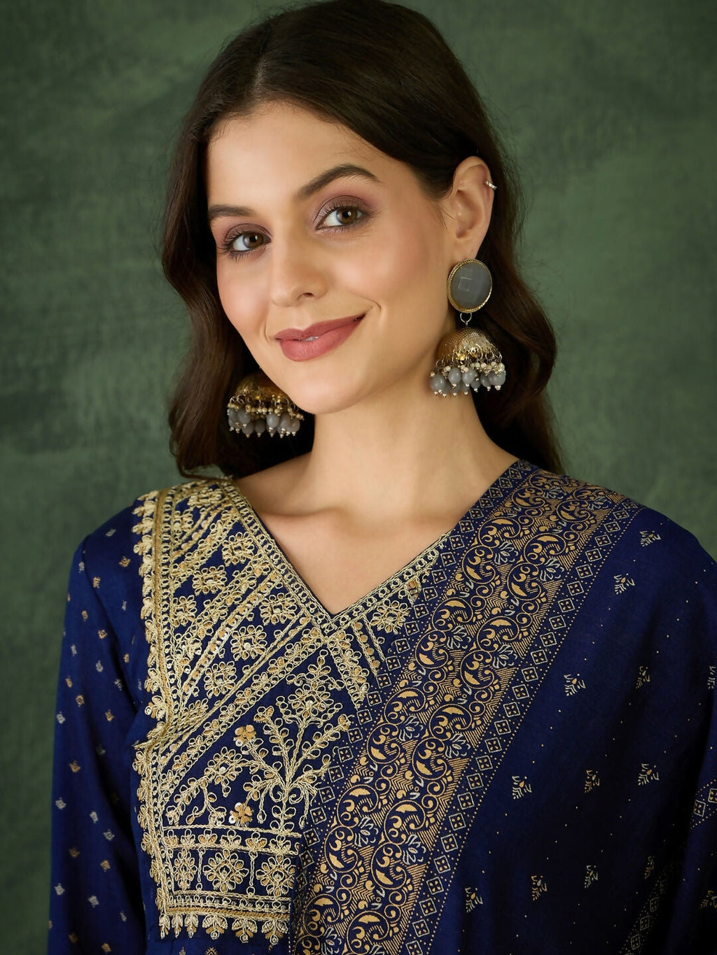 The52 Blue Women's Gorgeous Embroidered Work Vichitra Silk Fabric Flared Kurta Pant and Dupatta Set