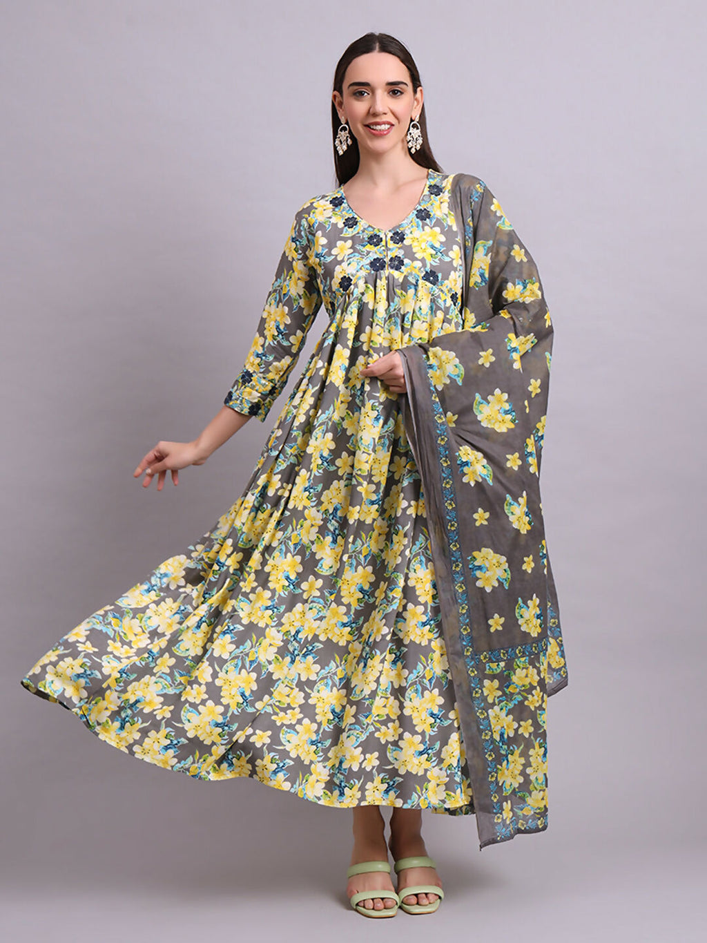 Joban Fashion Yellow Cotton Floral Printed & Embroidery Work Anarkali Dress With Dupatta Set
