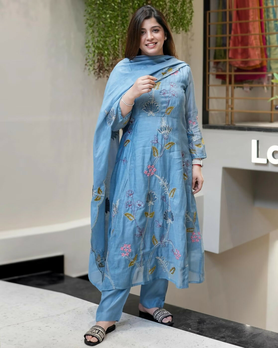 The52 Blue Women's Beautiful Cotton Fabric Thread Work Straight Kurta, Pant and Dupatta Set