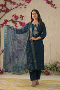 Ethnic Festive Wear Reyon Petrol Stitched Suit With Dupatta - Tanisha