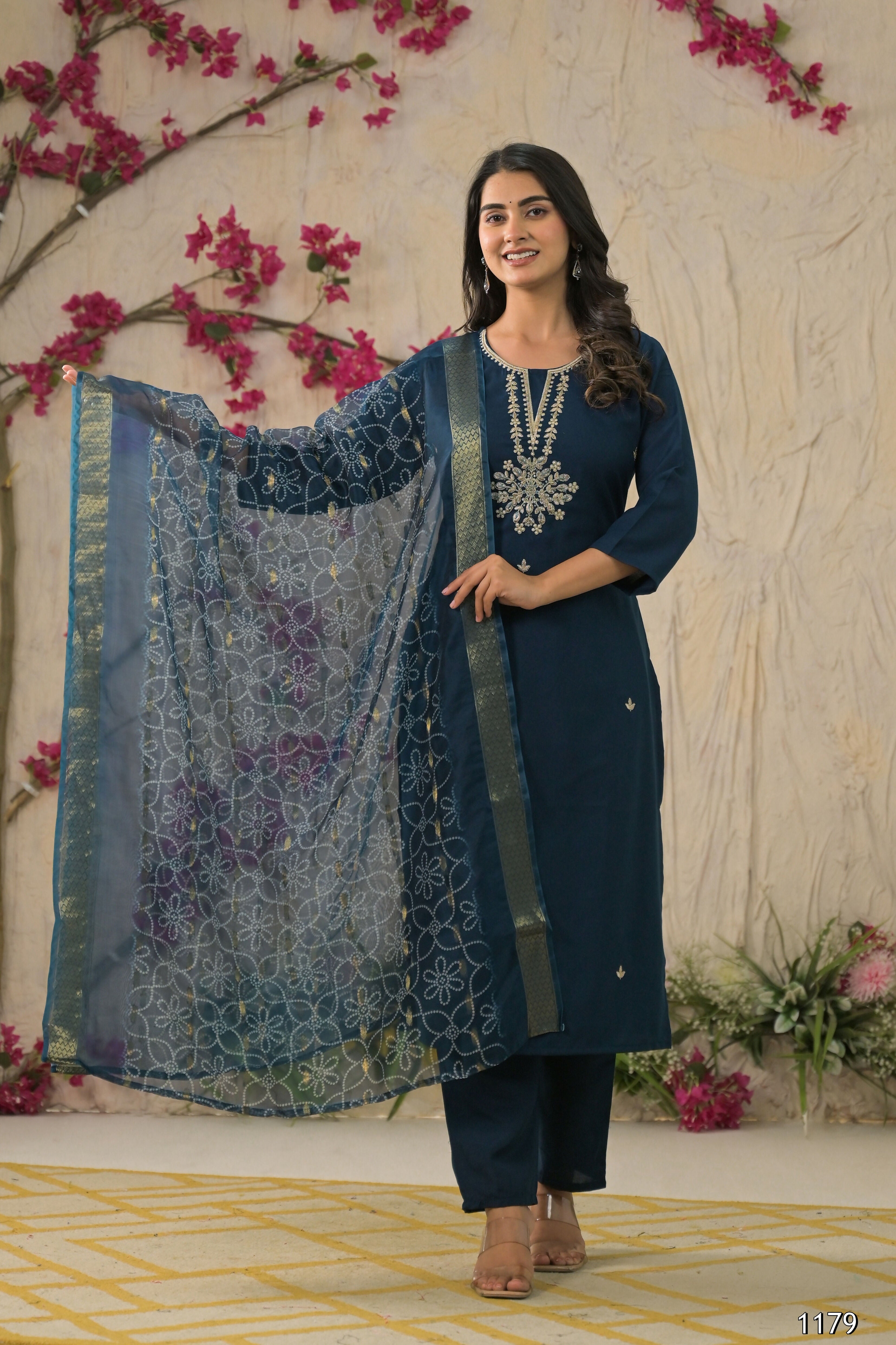 Ethnic Festive Wear Reyon Petrol Stitched Suit With Dupatta - Tanisha