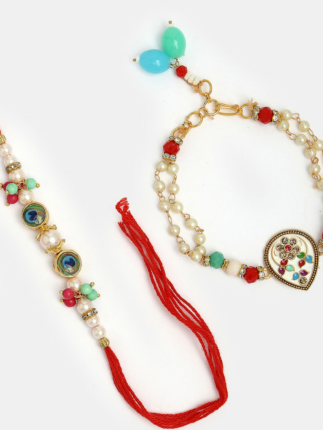NVR Women & Men Set of 2 Multicolor Artificial Beads Bhaiya Bhabhi Rakhi With Roli Chawal & Chocolate