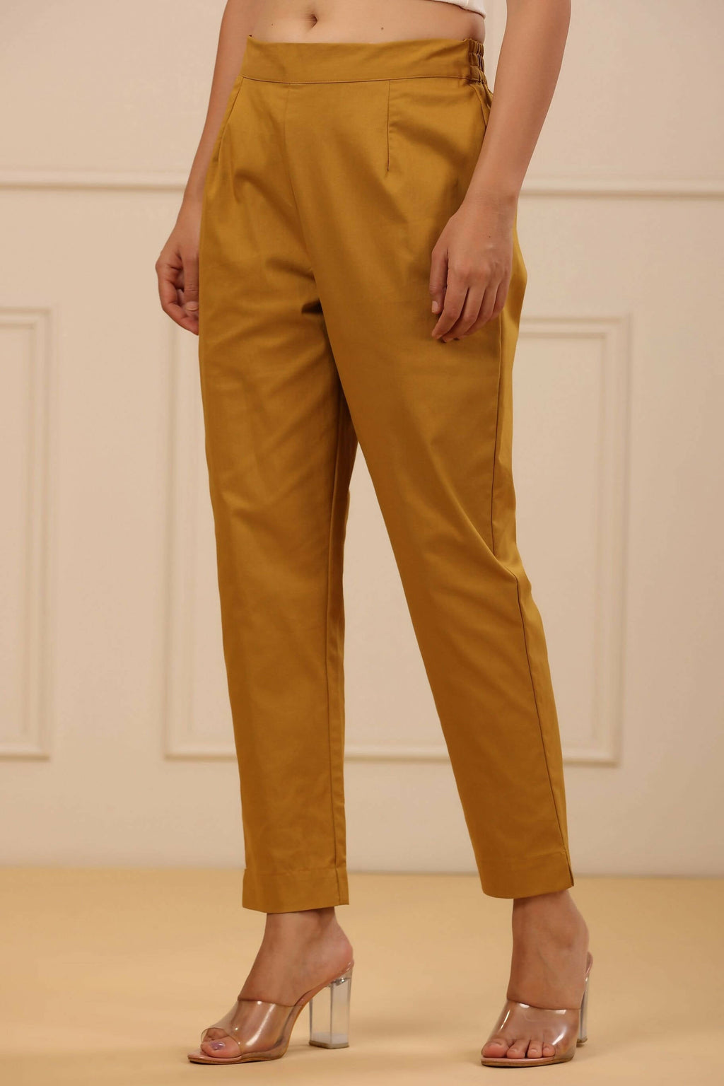 Juniper Women's Mustard Cotton Spendex Solid Straight Pant