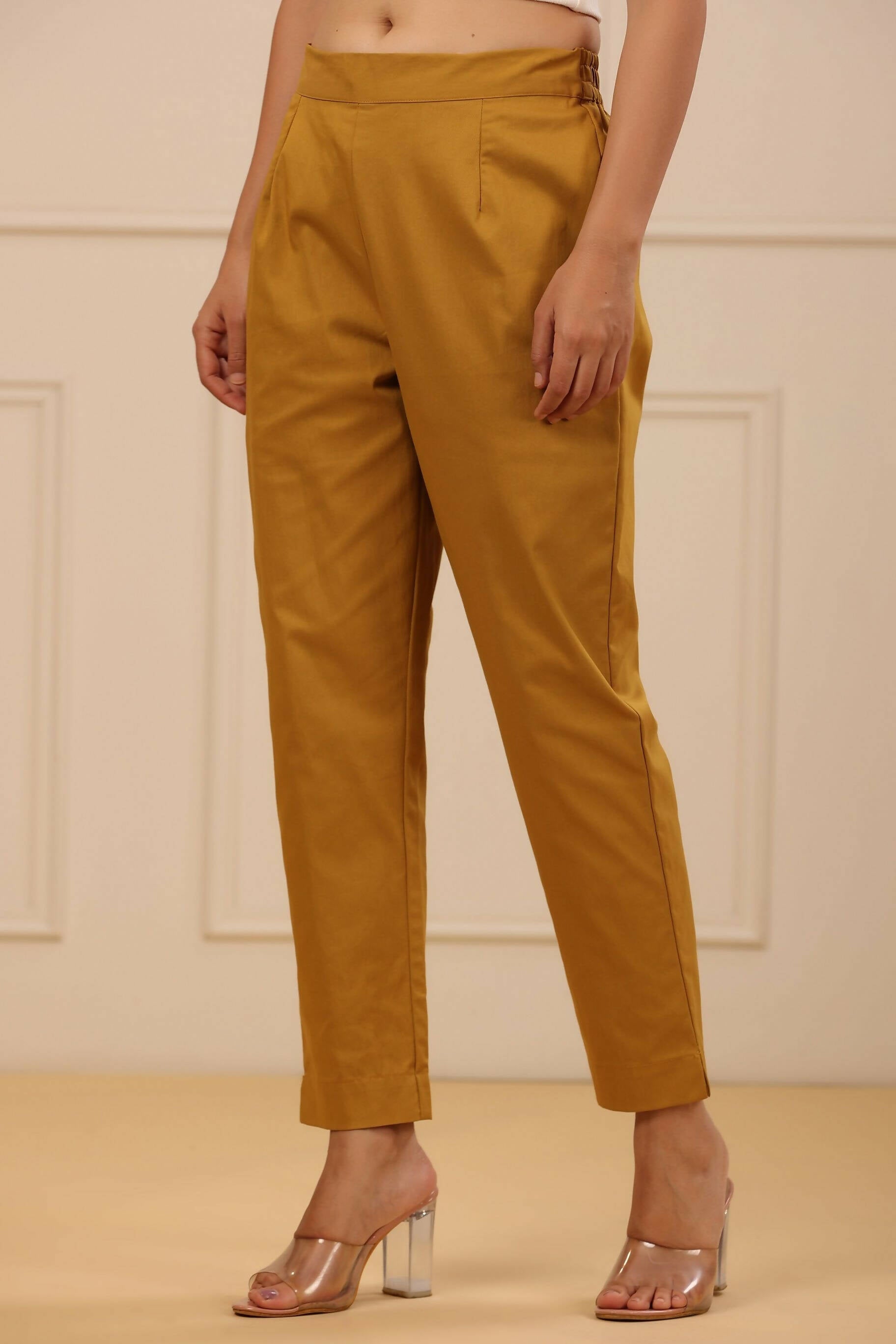 Juniper Women's Mustard Cotton Spendex Solid Straight Pant