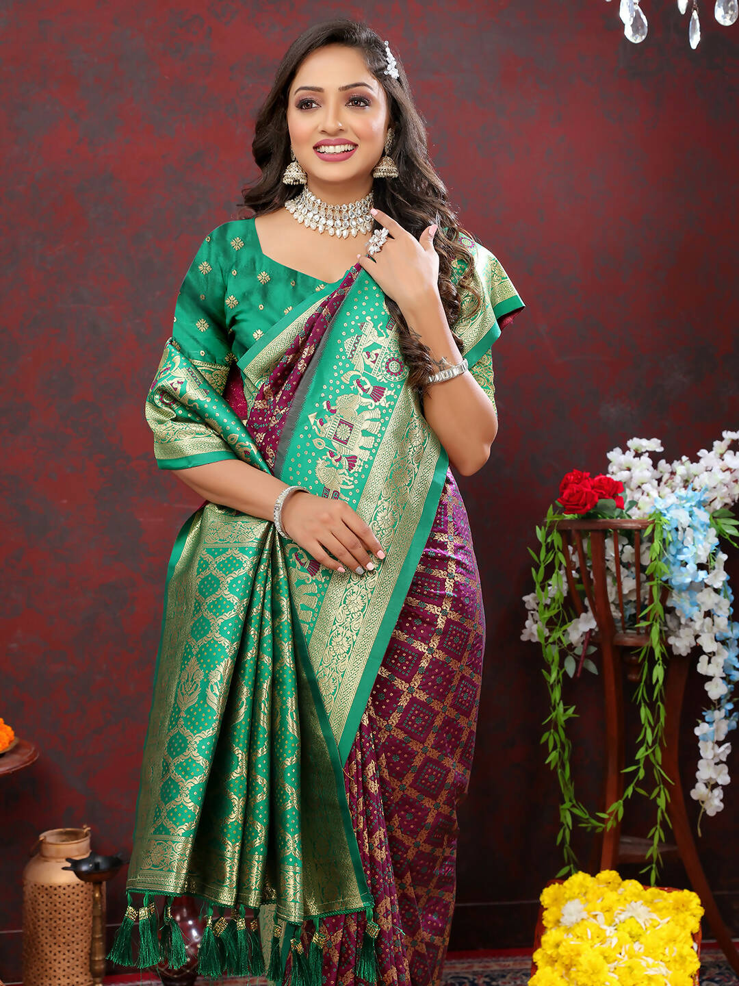 Lorenvalley Fashion Wine & Green Patola Silk Woven Design Meenakari Weaving Saree