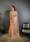 Joban Fashion Peach Handloom Banarasi Organza Silk Khatali Butta Work Saree